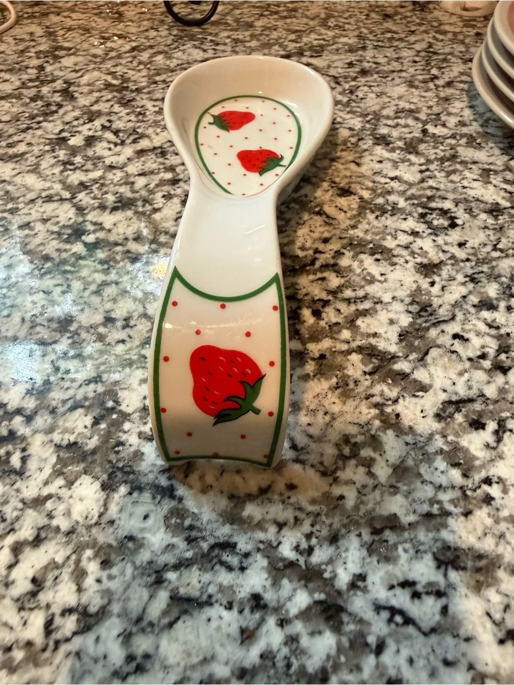 White Ceramic Spoon Rest with Red Strawberry Accent